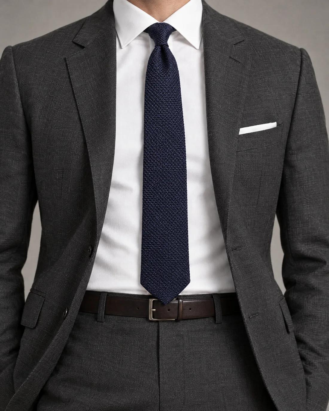 A navy grenadine tie whose tip meets the belt buckle.