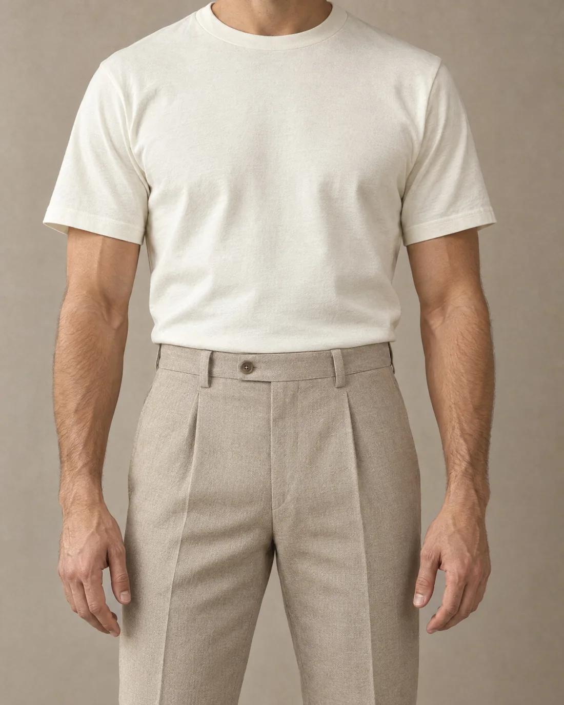 An ivory heavyweight T-shirt tucked into stone pleated trousers.