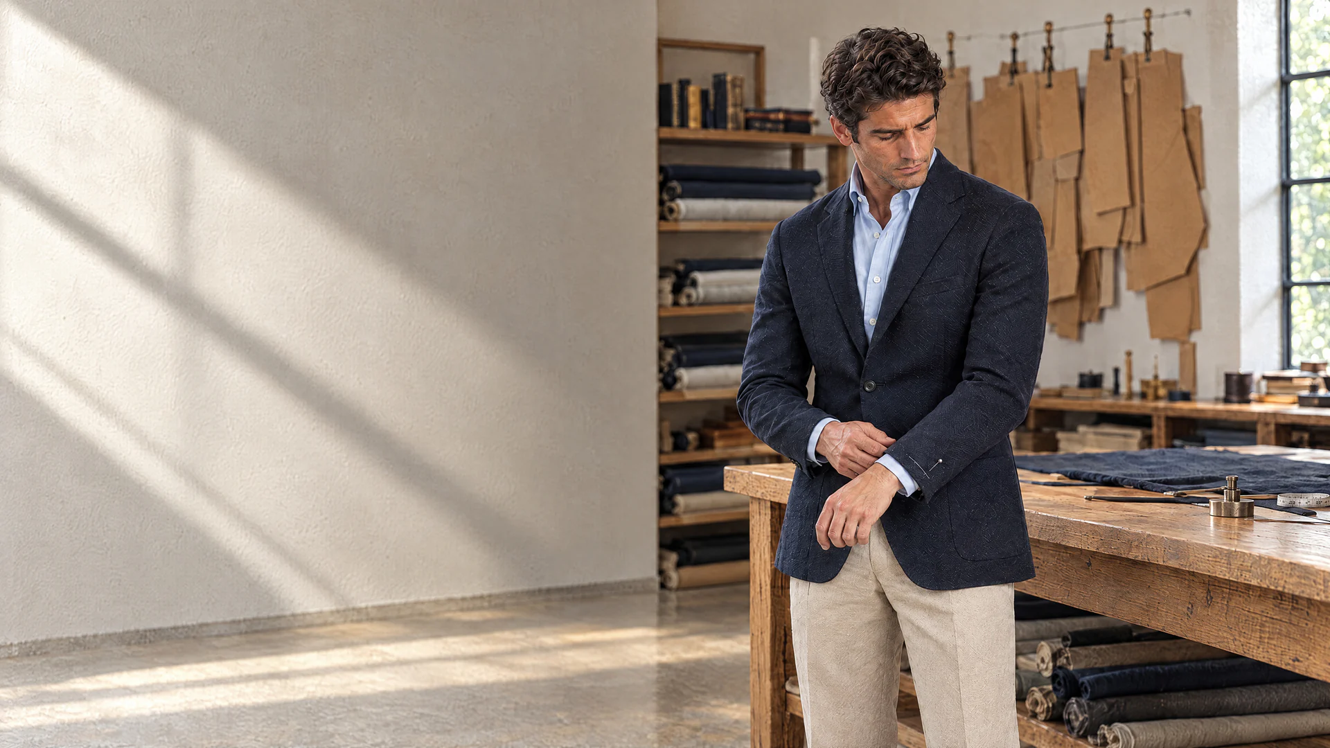 The FIT man at a first fitting in a sunlit tailor’s workroom, looking down at the chalk mark on his navy jacket cuff.